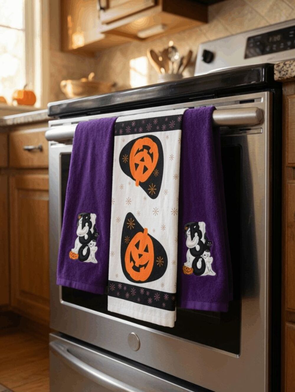 2  Halloween Dish Towels / Hand Towels, Ghost, And 1 Walmart Pumpkin Towel